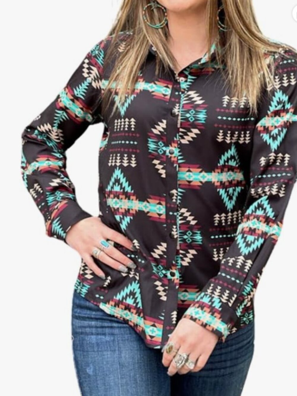 Womens Retro Aztec Pearl Snap Shirts Lapel Button Up Blouse Long Sleeve Cowgirl
